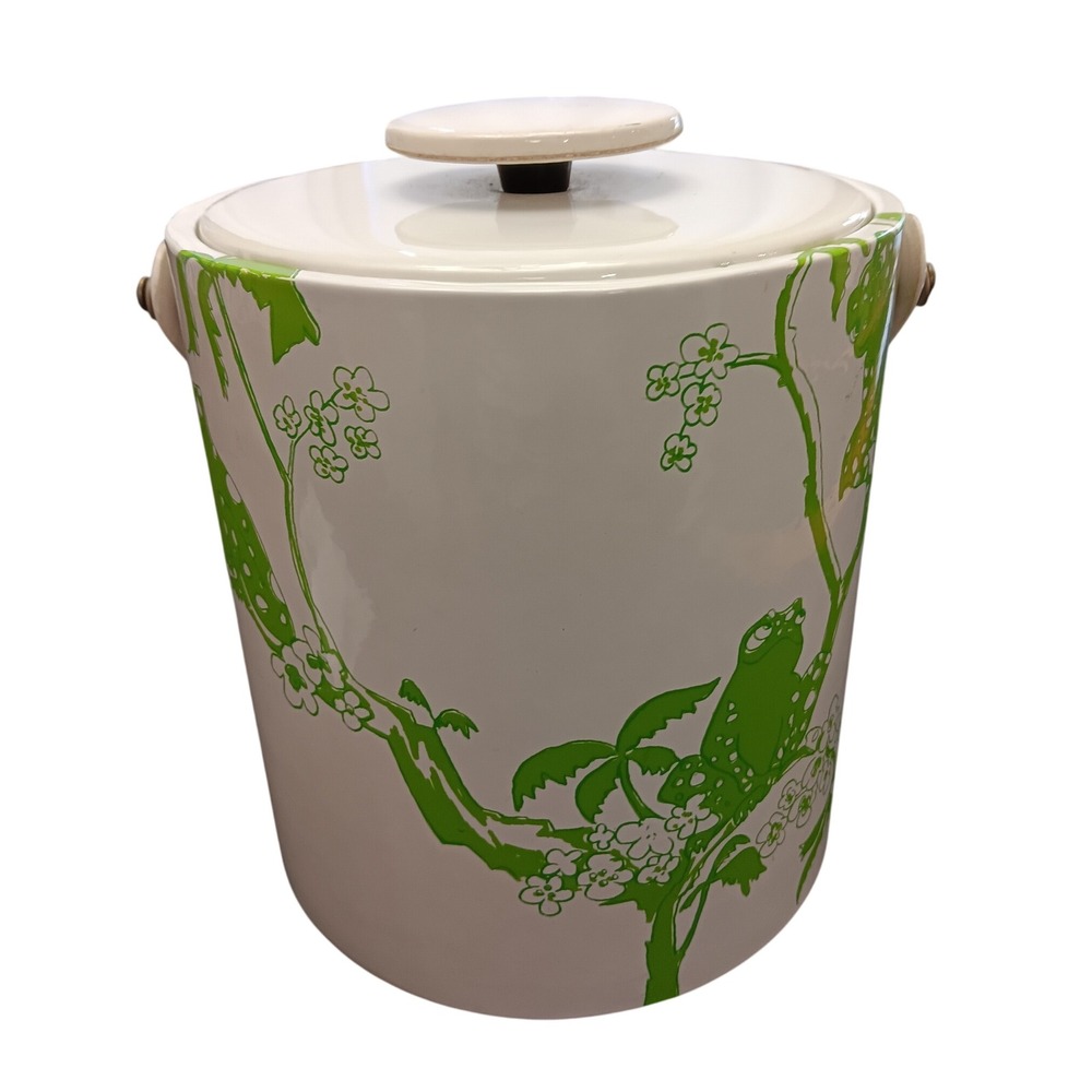 Vintage MCM Stotter Style Green Frog Ice Bucket White Insulated Retro Barware